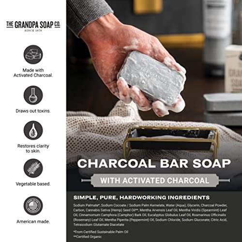 סבון בר פחם על ידי חברת הסבון סבא | טבעוני, כל סבון פנים וגוף נקי | שמן קנבוס אורגני + שמני נענע |
